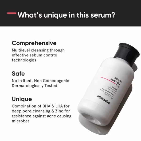 Minimalist Salicylic Acid + LHA 02% Cleanser with Oat Extract, Zinc, Allantoin for Oily to Combination Skin 100ml
